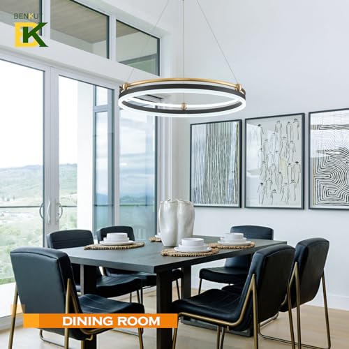 Modern LED Pendant Light D24in Black Gold Dimmable Circular LED Chandelier 1 Ring with Remote