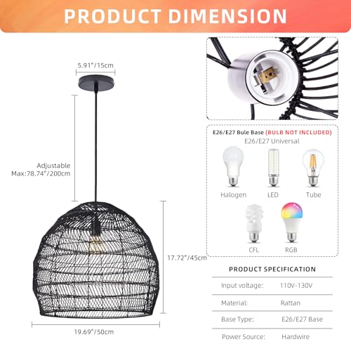 19.6" Rattan Chandelier for Kitchen