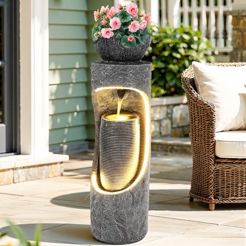 40" Outdoor Water Fountain with Birdfeeder and Innovative LED Strip