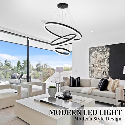 31.5" Black Modern Led Chandelier 3 Ring Modern Led Pendant Light Contemporary Ring Chandeliers Dimmable Chandeliers Color Temperature Adjustable Height Hanging Chandelier for Living Room