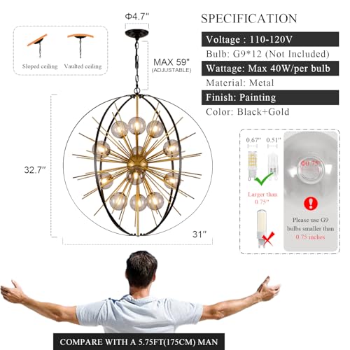 31" 12 Light Black Gold Sputnik Chandeliers with Smoke Glass Shade