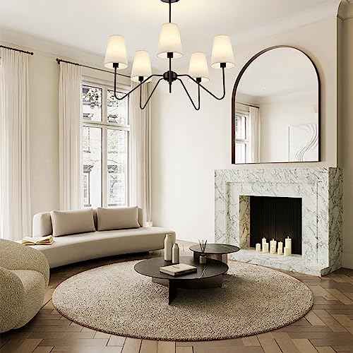 5-Light Modern Chandeliers, 30" Black Farmhouse Light Fixture | Linen Beige Fabric Shade, Adjustable Hanging Lights for Living Room, Bedroom, Hallway, Entryway, Kitchen Island, E12