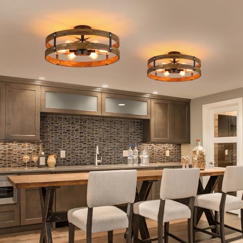 6 Light Large Rustic Farmhouse Wood Flush Mount Ceiling Light Fixture 20 inch Oak Wood and Metal Round Drum Semi Flush Mount Ceiling Light for Hallway Entry Farmhouse Bedroom Living Room