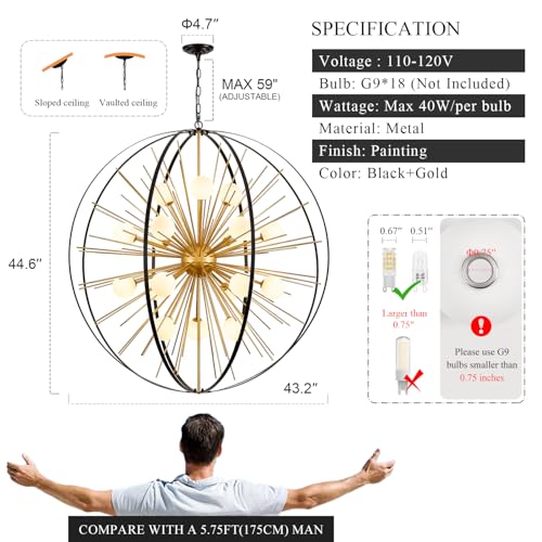 43.2" 18 Light Black Gold Sputnik Chandelier with Milk Glass Shade