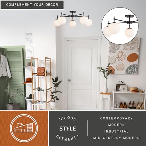 Armitage 32 in W Matte Black Semi Flush Mount Ceiling Light Fixture White Glass Globe Shade