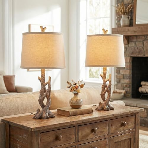 23" Rustic Farmhouse Table Lamp Country Cottage Lamps for Nightstand Tree Trunk Wood Grain Lamp for Bedroom Living Room with Oatmeal Fabric Round Shade Resin Bedside Lamp (2 Count)