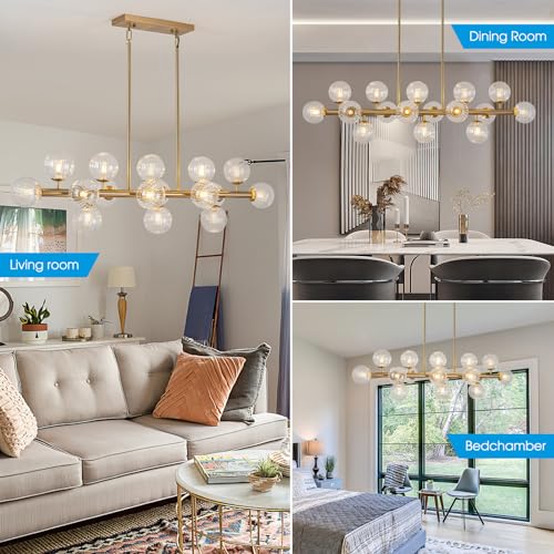 Gold Linear Rectangle Chandelier Modern Chandelier Glass Pendant Light Fixture Adjustable for Dining Living Room Kitchen Island 16