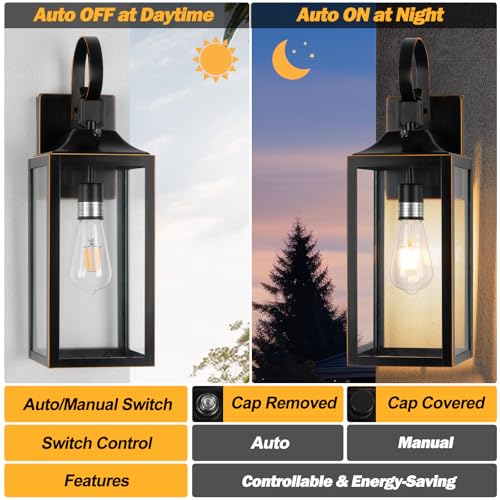19" Dusk to Dawn Outdoor Lighting Porch Lights Black with Gold Trim 2 Pack (2 Count)