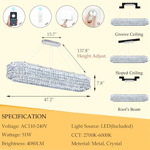 L47 x W12 Modern Chandeliers for Dining Room LED Dimmable Pendant Lighting Ceiling Chandelier Crystal Rectangle Light Fixtures Silver