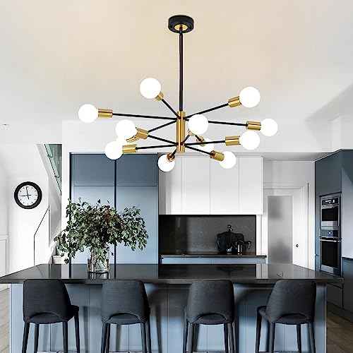 12-Light Modern Sputnik Chandelier, Mid Century Black Gold Ceiling Chandeliers, E26 Base,Branch Height Adjustable Pendant Lighting Fixture for Kitchen Island Dining Room Living Room Bedroom