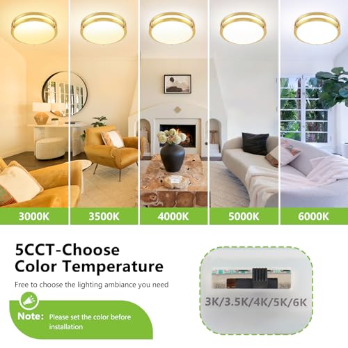 13inch LED Flush Mount Ceiling Light Fixture Dimmable Gold (2 Count)