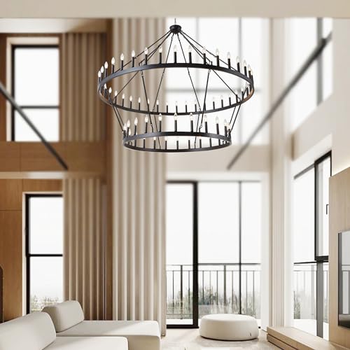 Rustic Farmhouse Wagon Wheel Chandelier Black Large Chandeliers for High Ceilings 2 Tier 64Lights 70 Inch for Dining Room Living Room Foyer Porch Kitchen Island