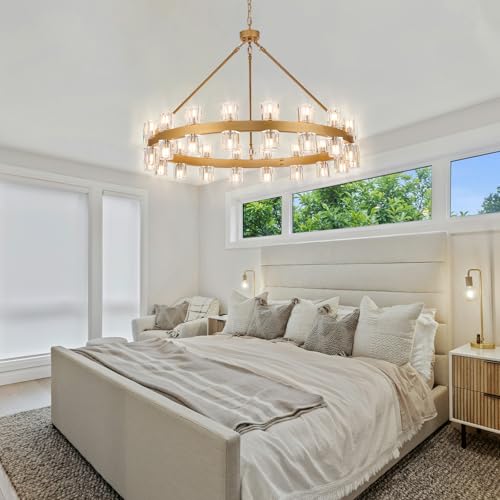 36 Inch Gold Wagon Wheel Chandelier with Crystal Shade