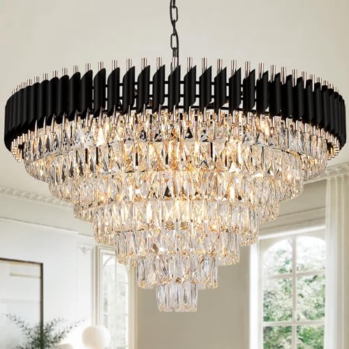 Modern Black and Gold Crystal Chandelier 35" Large Light for High Ceiling