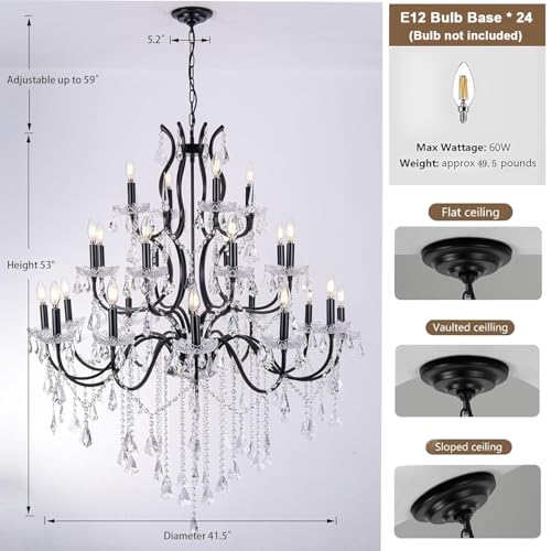 French Country Antique Black Iron Crystal Chandelier