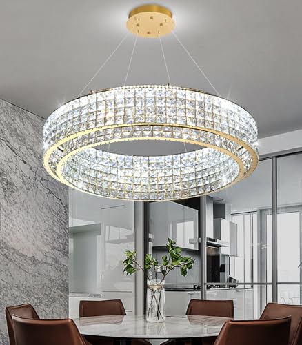W32 Modern Chandeliers for Living Room LED Dimmable Pendant Lighting High Ceiling Chandelier for Dining Room Foyer Hallway Crystal Rectangle Light Fixtures Gold