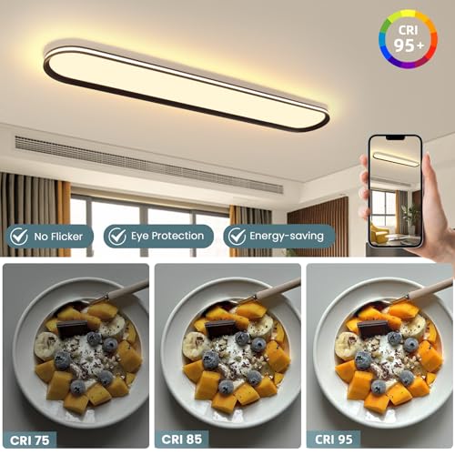 Modern LED Ceiling Light Dimmable Linear Ceiling Light 39.4in Semi Flush Mount Long Lights with Remote Control and Side Lighting for Living Room Kitchen Dining Room