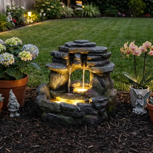 15.6" H Small Garden Outdoor Rock Water Fountain with LED Lights