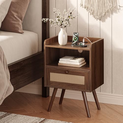 Nightstand with Charging Station & Rattan