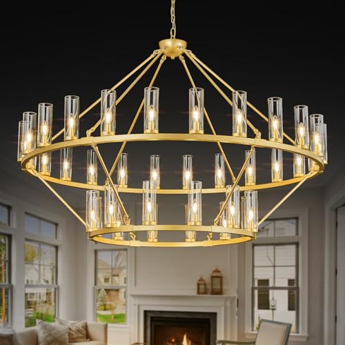 63 Inch Large Gold Wagon Wheel Chandelier with Clear Glass Shade 2 Tier 36