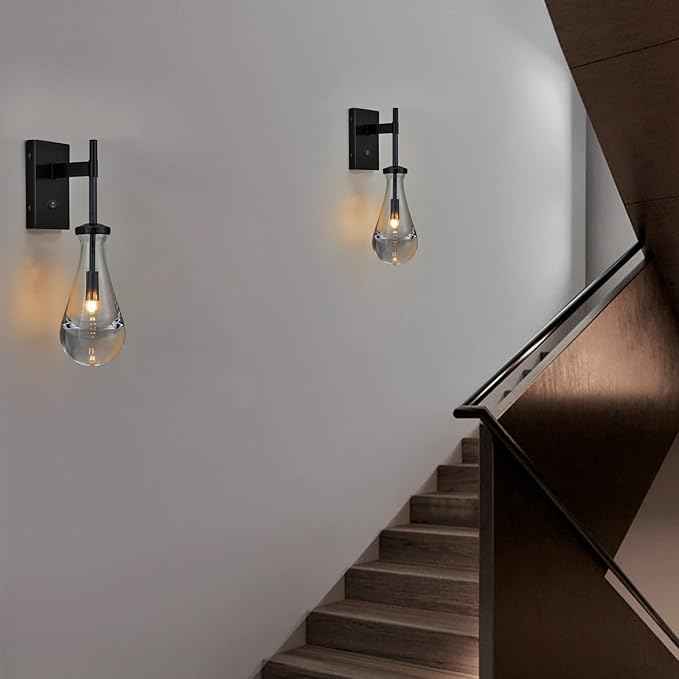 HuisMier Black Wall Sconces, Raindrop Sconces Wall Lighting with On/Off Switch Button, Modern Clear Glass Vanity Light Fixtures Raindrop Wall Sconce for Bathroom Bedroom Living Room Hallway
