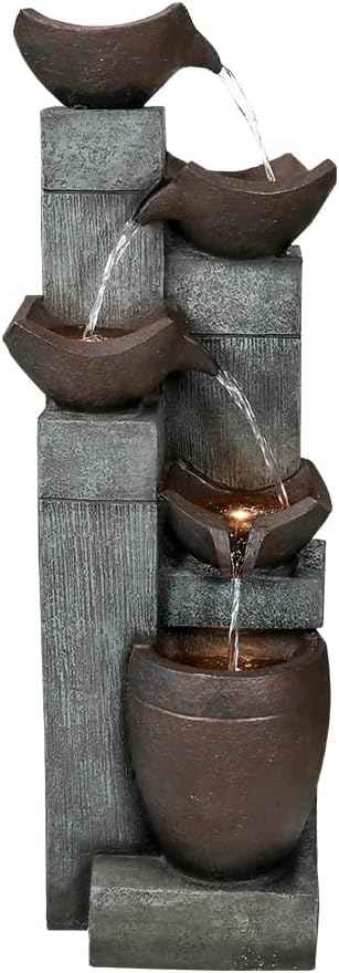SunJet 39.7” Indoor/Outdoor Garden Water Fountain with Led Lights, 5-Tiers Modern Floor-Standing Cascading Water Feature for Home Deck, Patio, Porch, Yard Decor