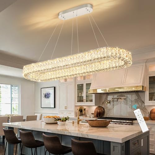 Modern Oval Chandelier Rectangular K9 Crystal Chandeliers for Dining Room Dimmable LED Light Fixture with Remote for Living Room Kitchen Light Silver