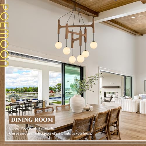 Rustic Oak 6 Light Wooden Chandelier with Milk Glass Globe L28 Inch