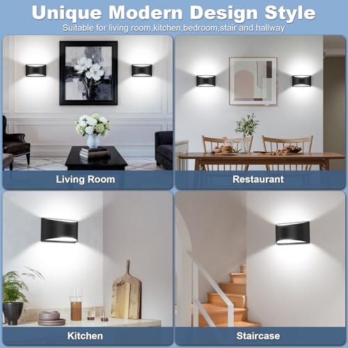 Black Modern LED Wall Sconce Hardwired Indoor Wall Lights Set of 2 Up and Down Wall Mount Light Cool White 6000K for Bedroom Living Room Bathroom Hallway Entryway Stairwell (2 Count)