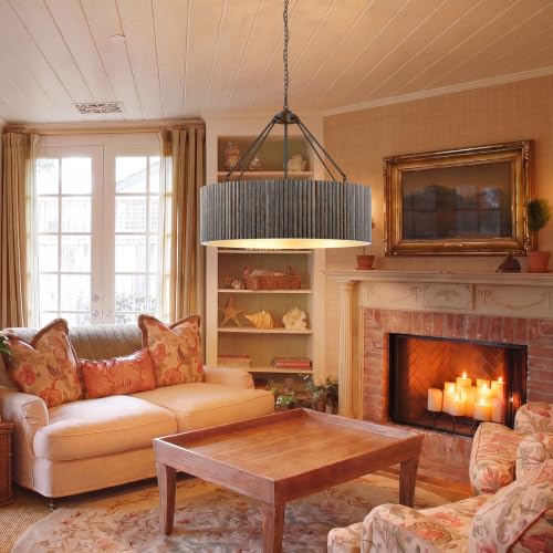 White Washed Wood Drum Chandelier