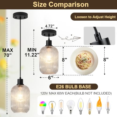 2 Pack Pendant Lights with Vintage Clear Ribbed Glass Lampshade (2 Count)
