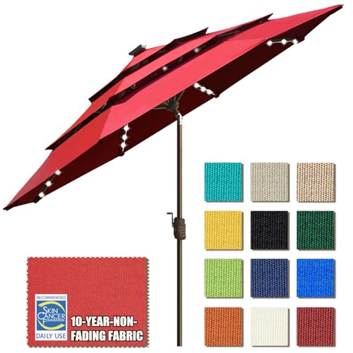 USA 10-Year-Non-Fading 9ft 3-Tier Market Patio Umbrella, Commercial Table Umbrella with 80 Solar LED Lights, Crank Open, Windproof & UPF 50+ UV Protection for Garden, Deck, Pool, Backyard, Logo Red