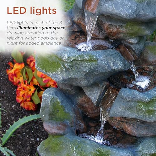 22" Tall 3 Tier Outdoor Rock Waterfall Fountain with LED Lights