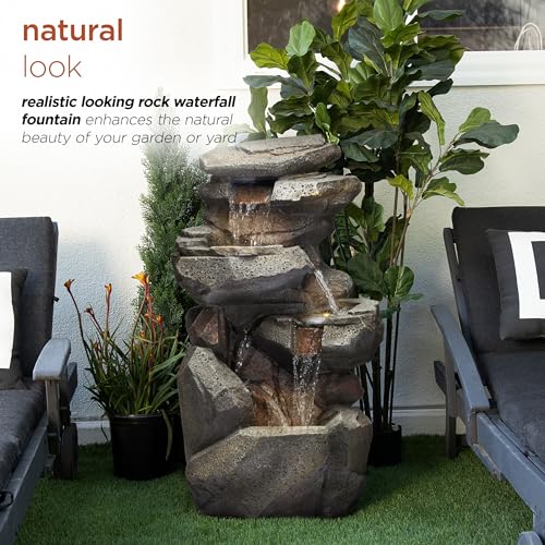 40" Tall Outdoor Multitiered Rock Waterfall Floor Fountain with LED Lights