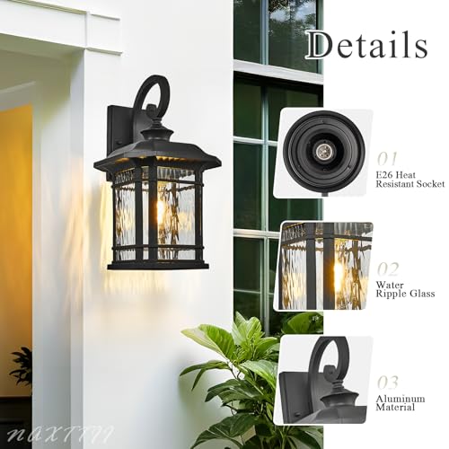 Matte Black Outdoor Wall Lights 16.7 Inch Height Waterproof Outdoor Wall Sconce Exterior Wall Light Fixtures with Water Ripple Glass for Garage Patio Front Door