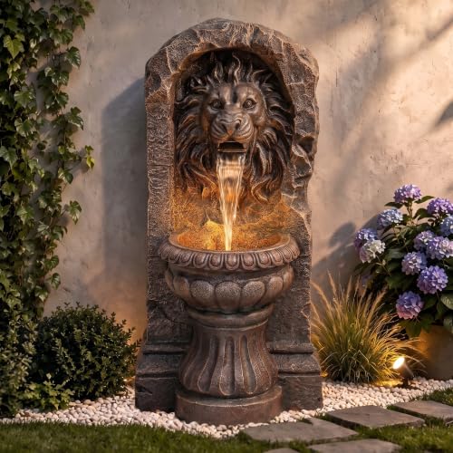 30" Outdoor Fountain LED Stone Cascading Waterfall with Lion Head