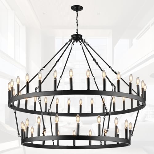 Rustic Farmhouse Black Wagon Wheel Chandelier Large Chandeliers for High Ceilings 2 Tier 48 Lights 55 Inch for Dining Room Living Room Foyer Porch Kitchen Island