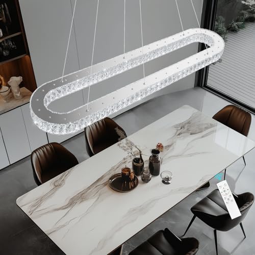 Modern Oval Chandelier Rectangular K9 Crystal Chandeliers for Dining Room Dimmable LED Light Fixture with Remote for Living Room Kitchen Light Silver