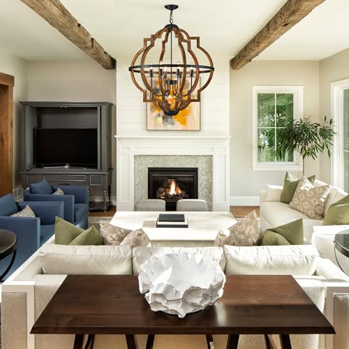 31.96" 8 Light Brown Oak Wood Drum Pendant Light for Dining Room