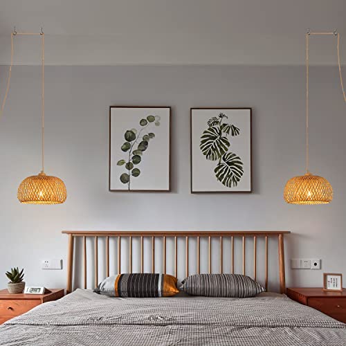 Bamboo Plug in Pendant Light with 14ft Handmade Woven Light Cord