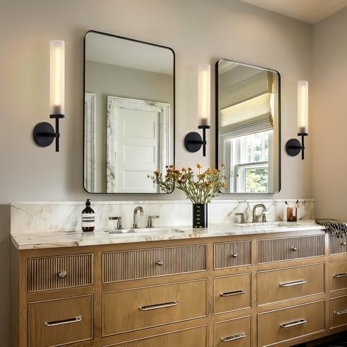 Modern Hardwired Frosted Glass Bathroom Black Wall Sconces 2PC