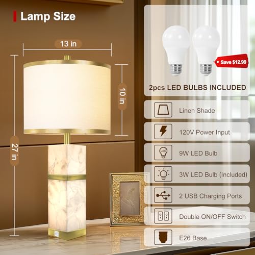 27" Alabaster Table Lamps Set of 2 with Night Light for Bedroom (2 Count)
