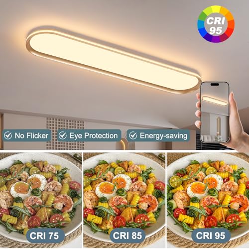 Modern LED Ceiling Light Dimmable Linear Ceiling Light 39.4in Semi Flush Mount Long Lights with Remote Control and Side Lighting for Living Room Kitchen Dining Room Gold
