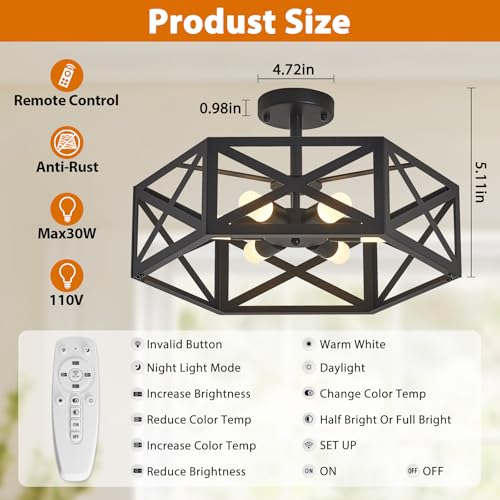 30W Semi Flush Mount Ceiling Light with Remote 19.7" Hexagon Black