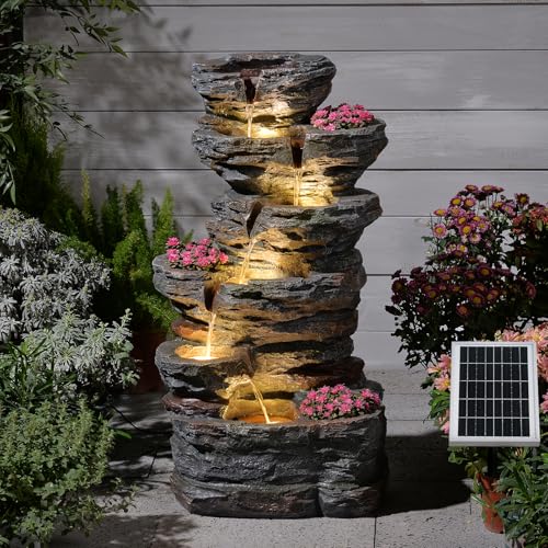 32.7" Tall Rock Solar Powered Water Fountain with LED Lights