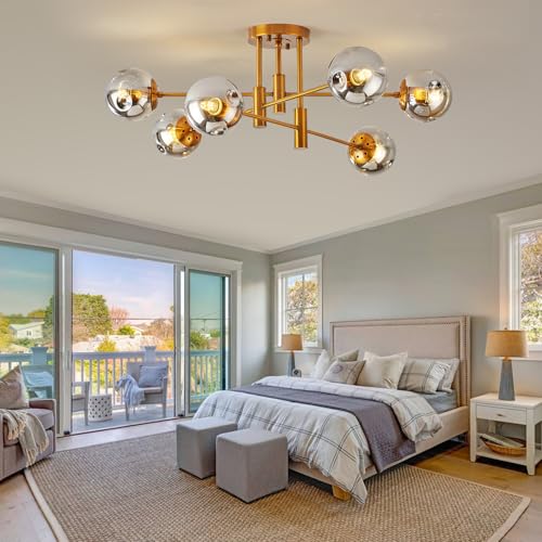 6 Lights Gold Sputnik Ceiling Light Fixture Modern Globe Glass Chandelier