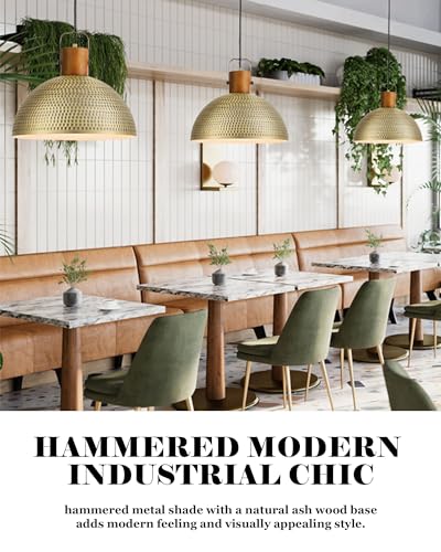 16 Inch Large Hammered Pendant Light Fixtures Ash Wood Vintage Dome Hanging Lamp Antique Gold Metal Kitchen Chandelier for Island