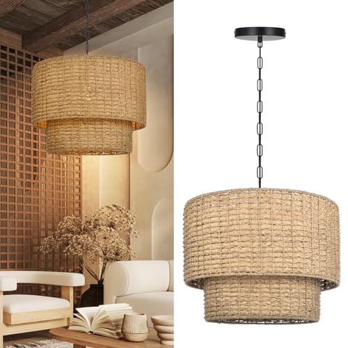 Large Rattan Chandelier Natural Woven Double Drum Pendant Light Vintage Ceiling Hanging Light Fixture for Kitchen Island Bedroom Hallway 23.62"