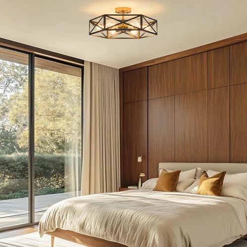 Modern Farmhouse Black and Gold Semi Flush Mount Ceiling Light 19.7 in