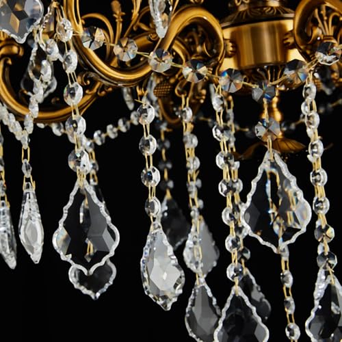 Vintage 6 Arms Crystal Chandelier Candle Light Fixture for Dining Room Living Room Bedroom Hallway Entryway Antique Gold Finish